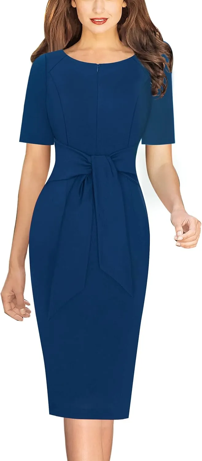 VFSHOW Womens Front Zipper Tie Waist Bow Belted Slim Wear to Work Business Office Bodycon Pencil Dress