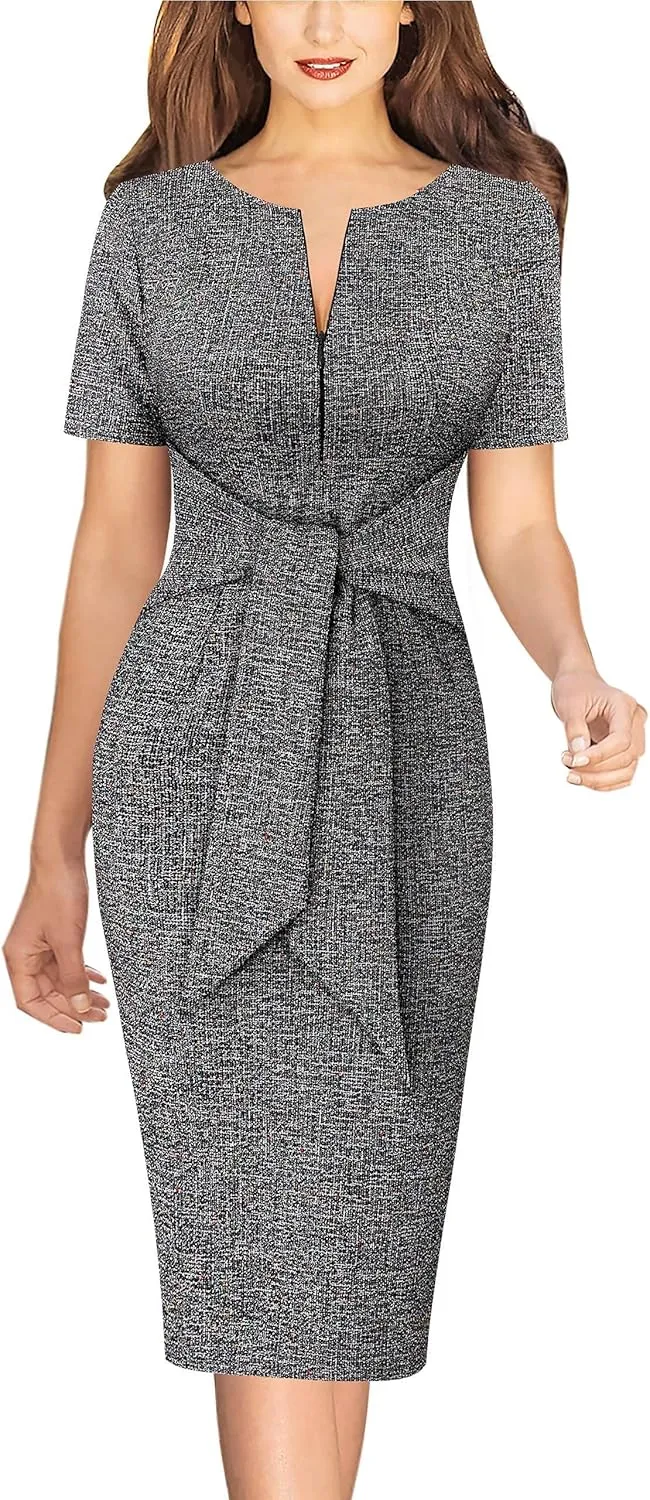 VFSHOW Womens Front Zipper Tie Waist Bow Belted Slim Wear to Work Business Office Bodycon Pencil Dress