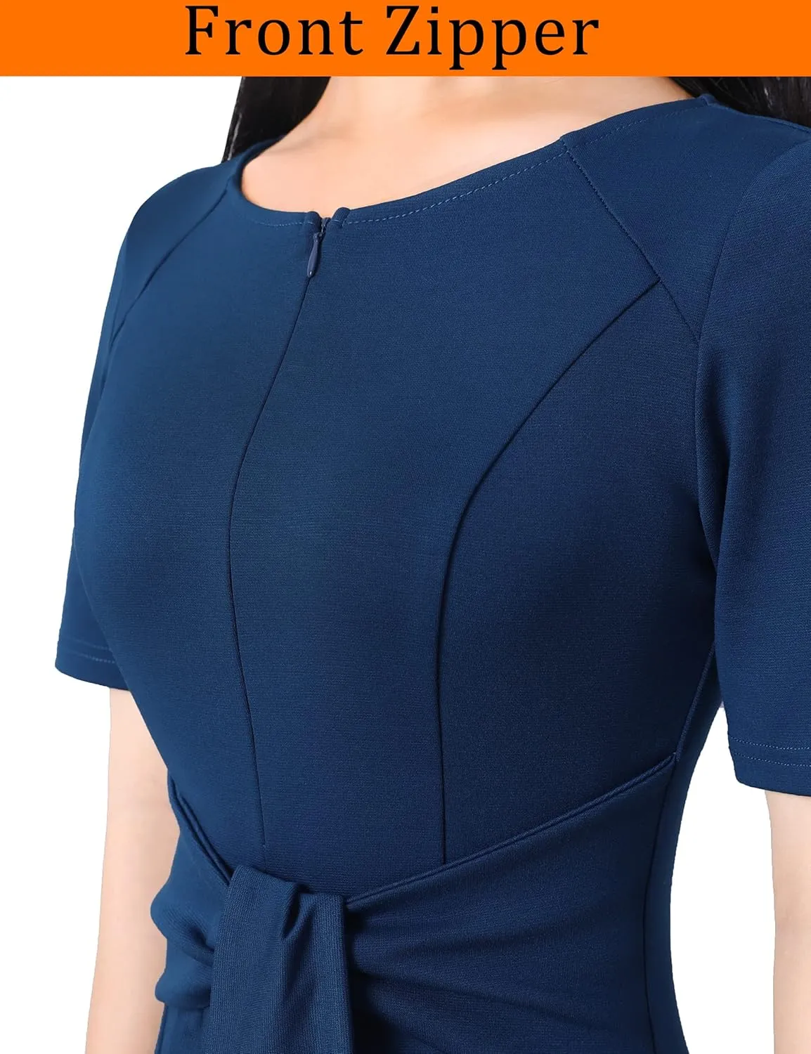 VFSHOW Womens Front Zipper Tie Waist Bow Belted Slim Wear to Work Business Office Bodycon Pencil Dress