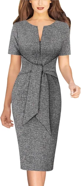 VFSHOW Womens Front Zipper Tie Waist Bow Belted Slim Wear to Work Business Office Bodycon Pencil Dress