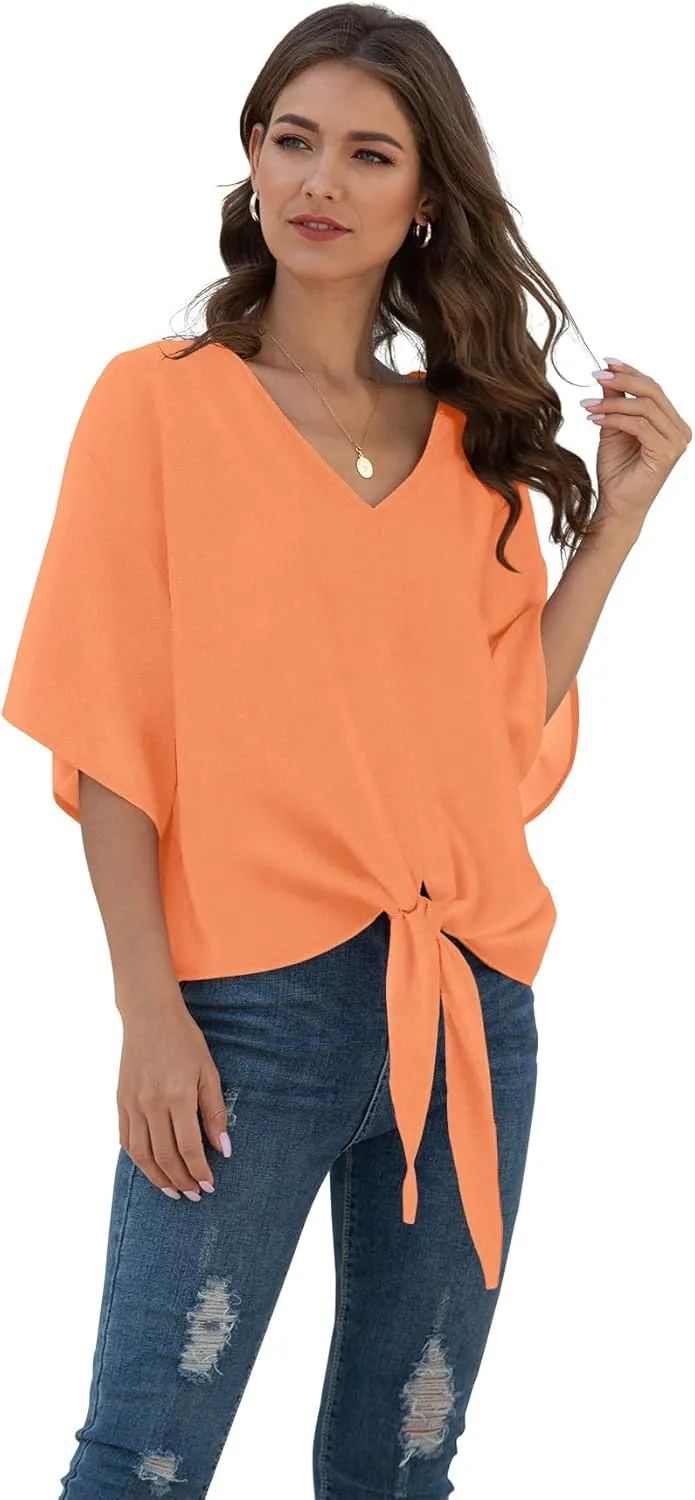 VIISHOW Womens Tie Front Chiffon Blouses V Neck Batwing Short Sleeve Summer Tops Shirts