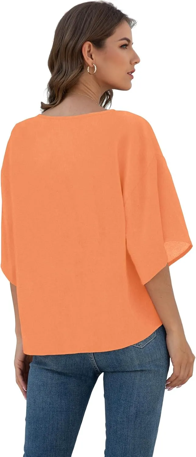 VIISHOW Womens Tie Front Chiffon Blouses V Neck Batwing Short Sleeve Summer Tops Shirts