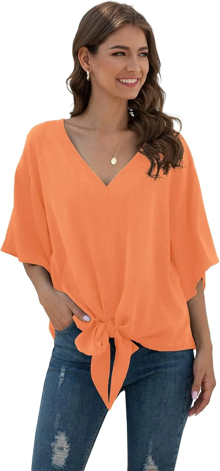 VIISHOW Womens Tie Front Chiffon Blouses V Neck Batwing Short Sleeve Summer Tops Shirts