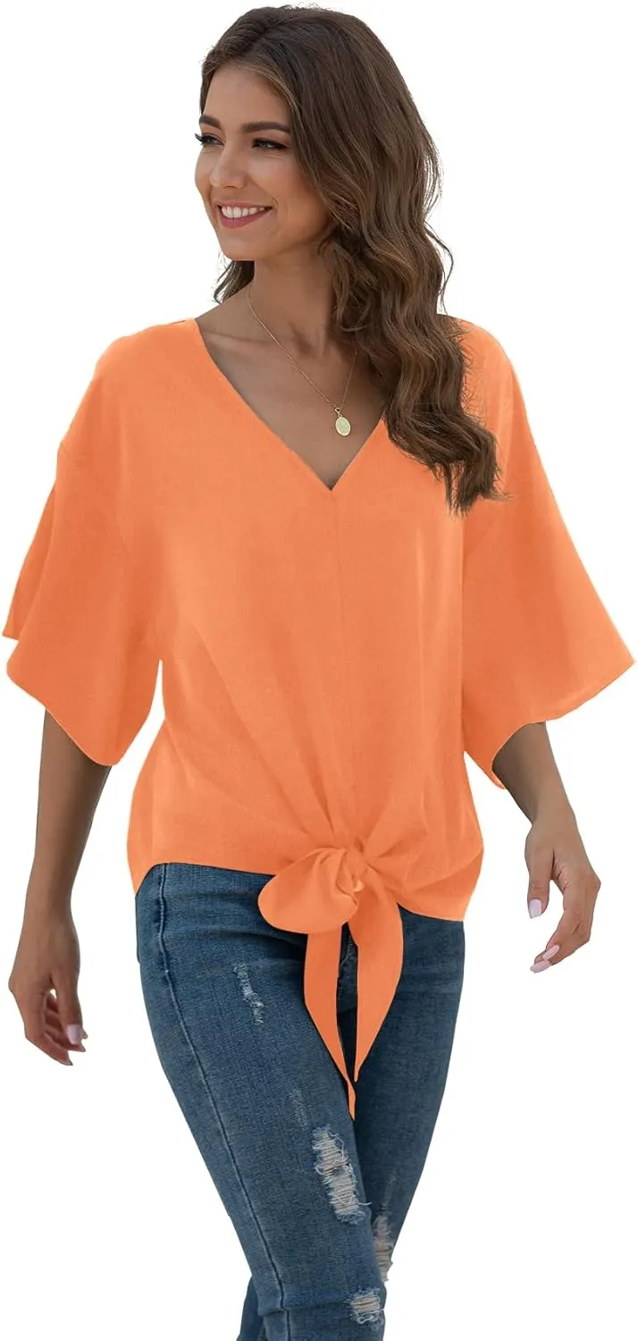 VIISHOW Womens Tie Front Chiffon Blouses V Neck Batwing Short Sleeve Summer Tops Shirts