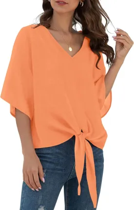 VIISHOW Womens Tie Front Chiffon Blouses V Neck Batwing Short Sleeve Summer Tops Shirts
