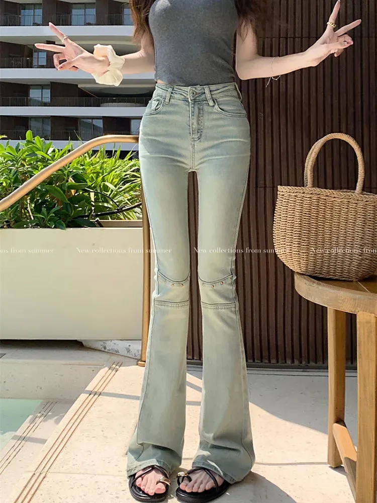Vintage Light Blue Rivet Flared Mom Jeans