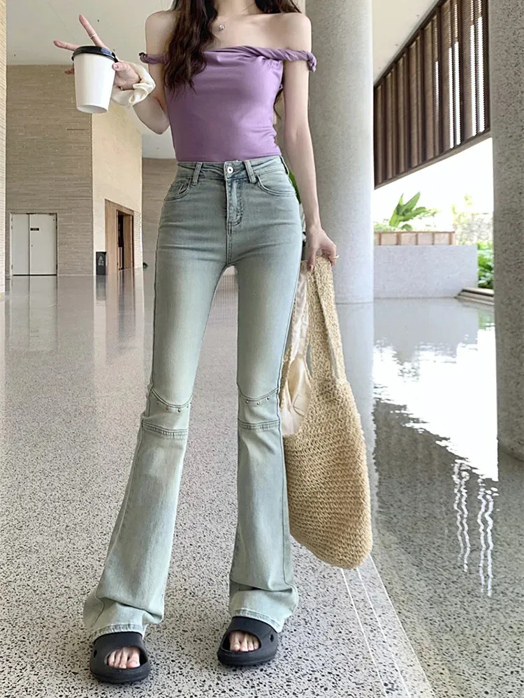 Vintage Light Blue Rivet Flared Mom Jeans