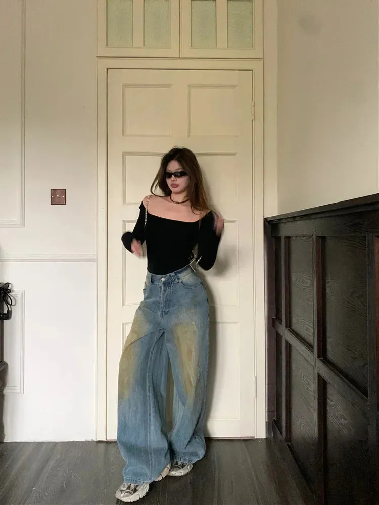 Vintage Street Fashion Faded Baggy Wide Leg Jeans