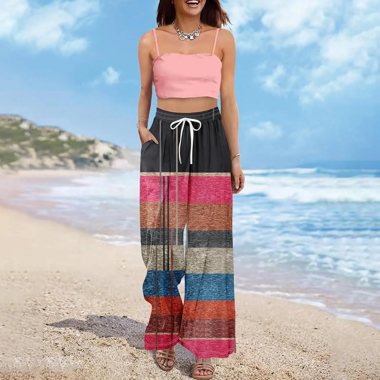 Wide Leg Loung Pants for Women Lightweight Bohemian Print Baggy Summer Pants Loose Fit Fashion Trousers