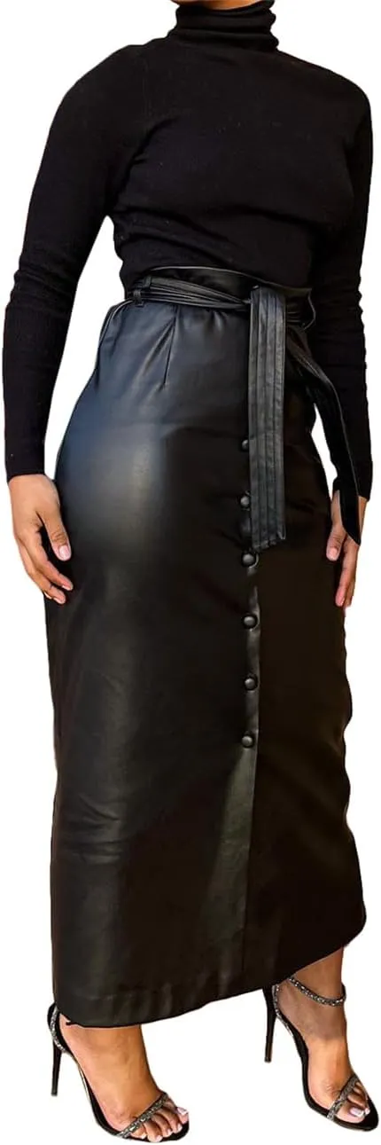 Women Button Down Front Slit Faux PU Leather Maxi Long Skirt with Belt
