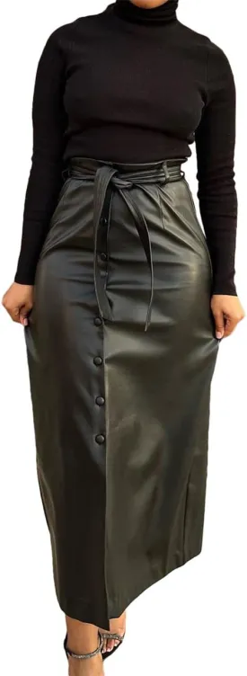 Women Button Down Front Slit Faux PU Leather Maxi Long Skirt with Belt