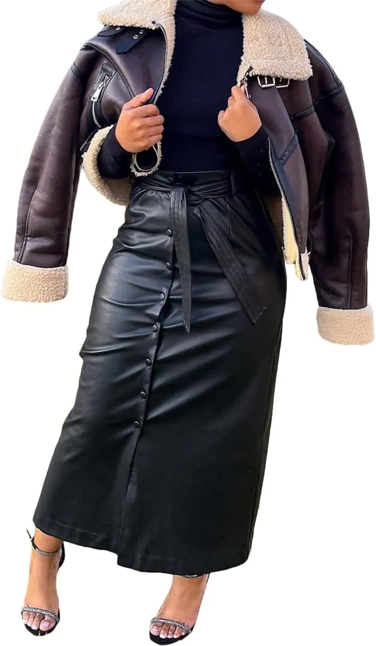 Women Button Down Front Slit Faux PU Leather Maxi Long Skirt with Belt