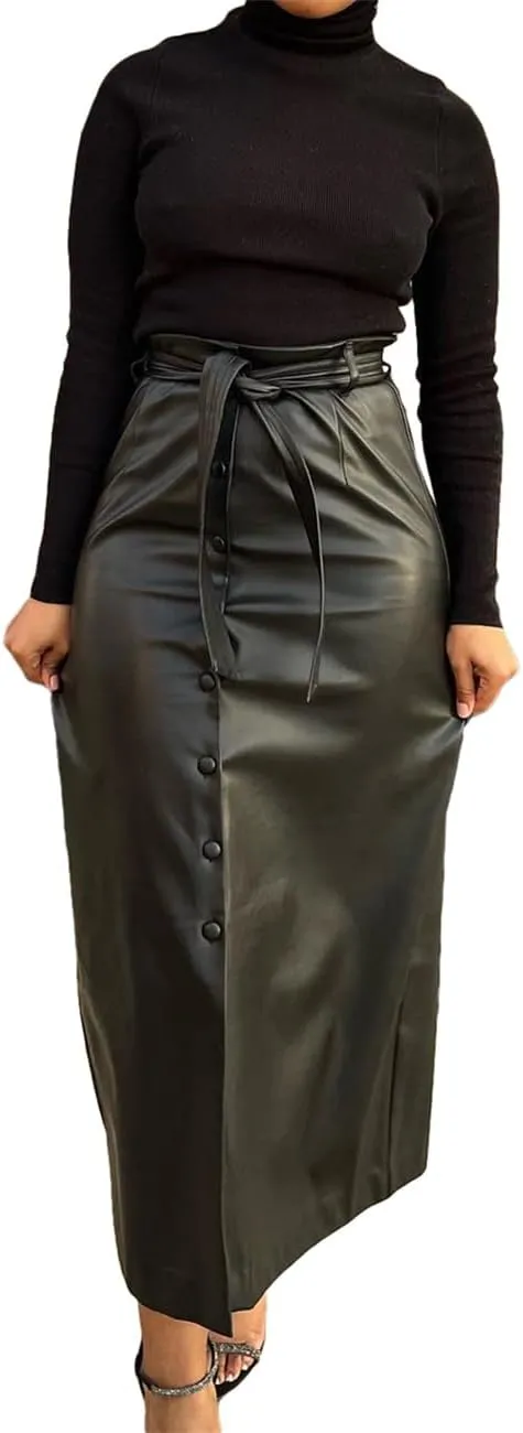 Women Button Down Front Slit Faux PU Leather Maxi Long Skirt with Belt