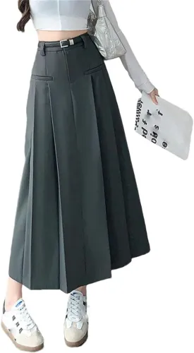 Women Solid Pleated Long Skirts with Belted Korean High Waist A-Line Skirts