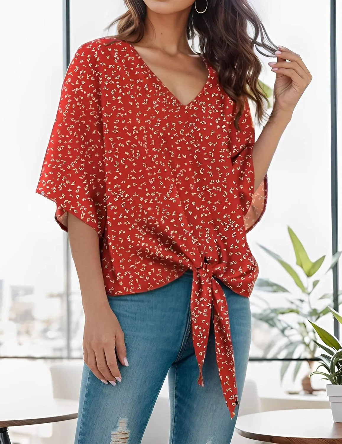 Women Tie Front Tops Sexy V Neck Short Sleeve Boho Shirts Summer Floral Chiffon Work Blouses