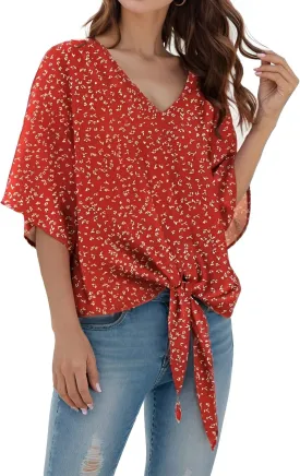 Women Tie Front Tops Sexy V Neck Short Sleeve Boho Shirts Summer Floral Chiffon Work Blouses