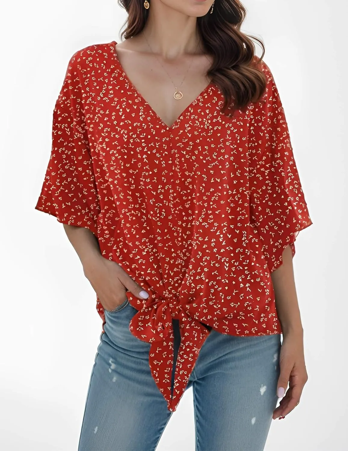 Women Tie Front Tops Sexy V Neck Short Sleeve Boho Shirts Summer Floral Chiffon Work Blouses