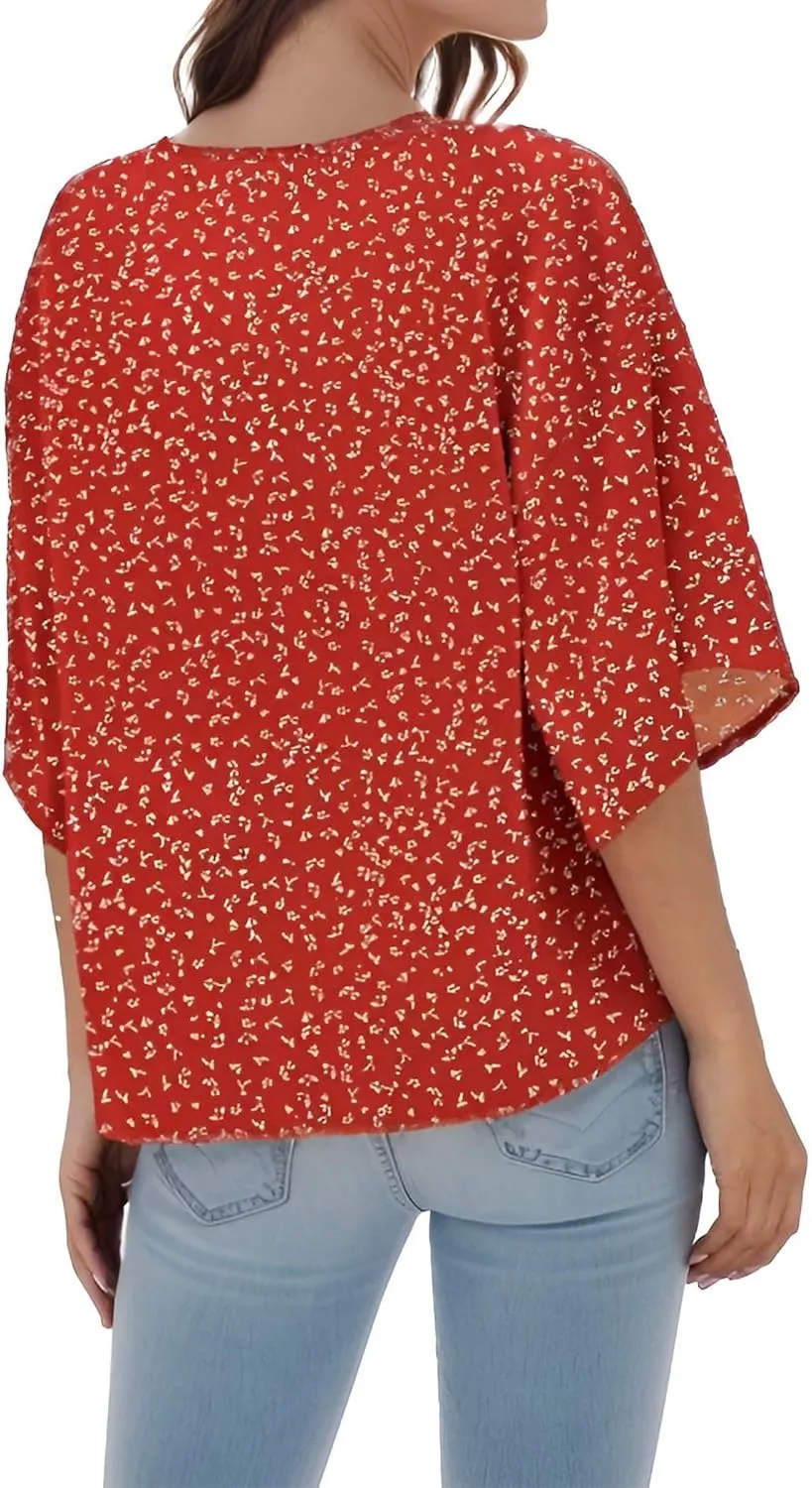 Women Tie Front Tops Sexy V Neck Short Sleeve Boho Shirts Summer Floral Chiffon Work Blouses