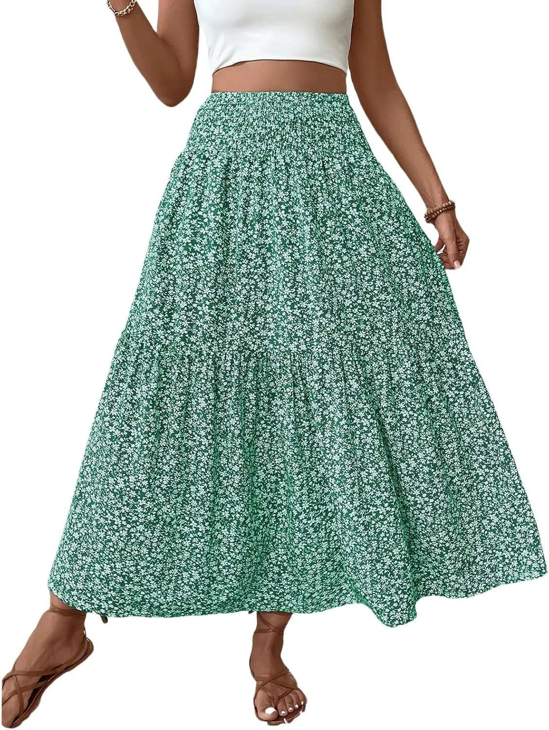 Womens High Elastic Waisted Skirts Summer Pleated Floral A-Line Midi Skirts Lightweight Boho Swing Flowy Skirt