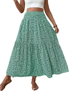 Womens High Elastic Waisted Skirts Summer Pleated Floral A-Line Midi Skirts Lightweight Boho Swing Flowy Skirt
