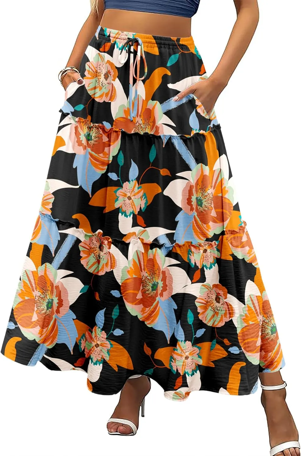 Zeagoo Womens Casual Maxi Skirts for Women 2025 High Waist Boho Skirts Floral Printed Long Flowy Skirt with Pockets