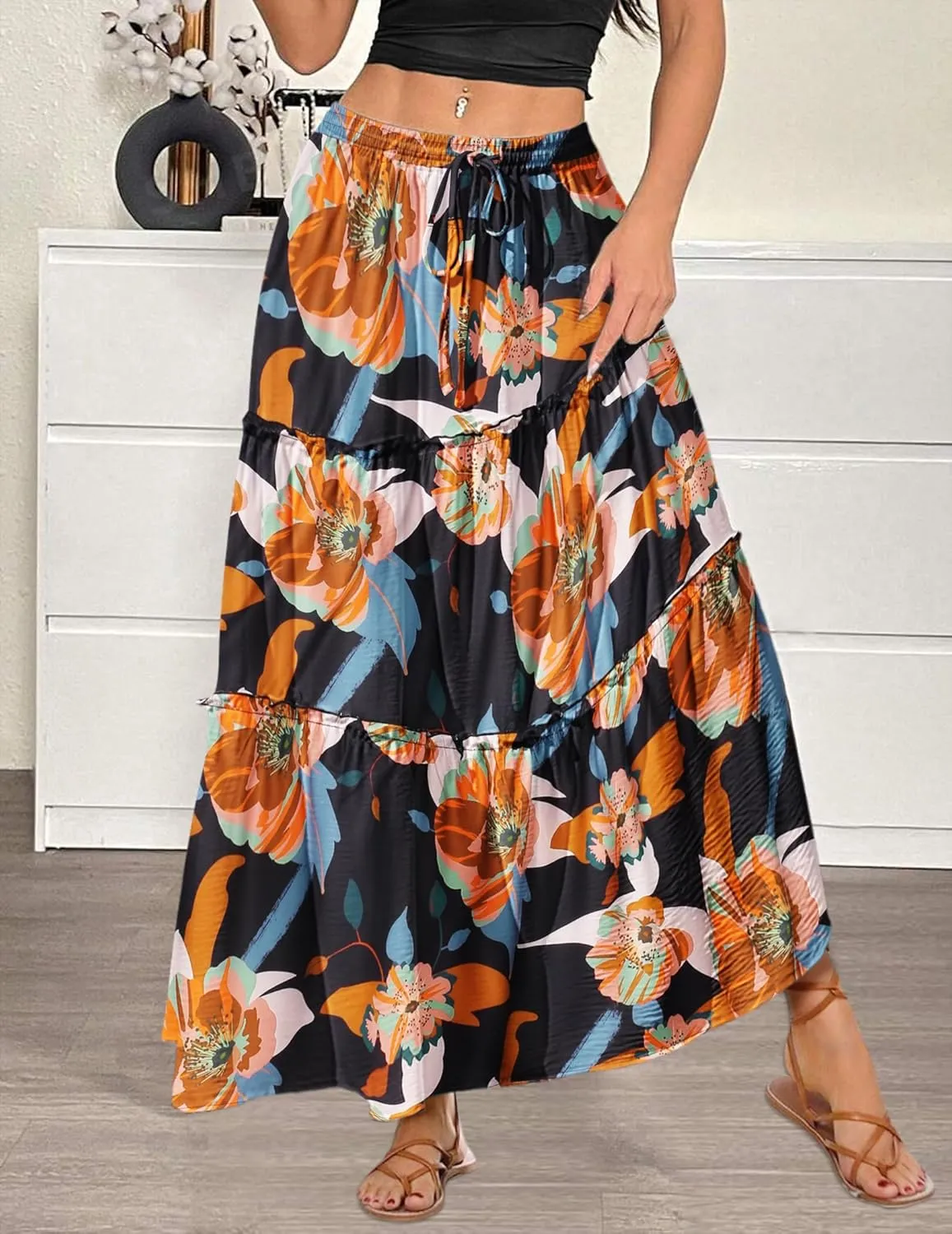 Zeagoo Womens Casual Maxi Skirts for Women 2025 High Waist Boho Skirts Floral Printed Long Flowy Skirt with Pockets