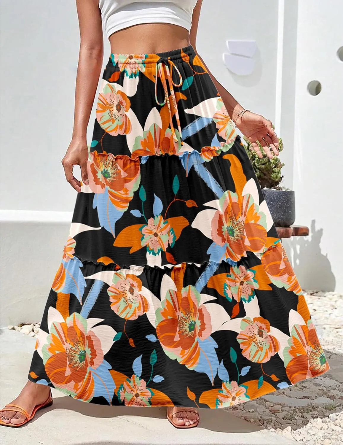 Zeagoo Womens Casual Maxi Skirts for Women 2025 High Waist Boho Skirts Floral Printed Long Flowy Skirt with Pockets