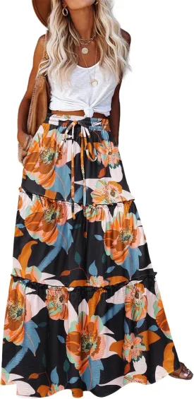 Zeagoo Womens Casual Maxi Skirts for Women 2025 High Waist Boho Skirts Floral Printed Long Flowy Skirt with Pockets